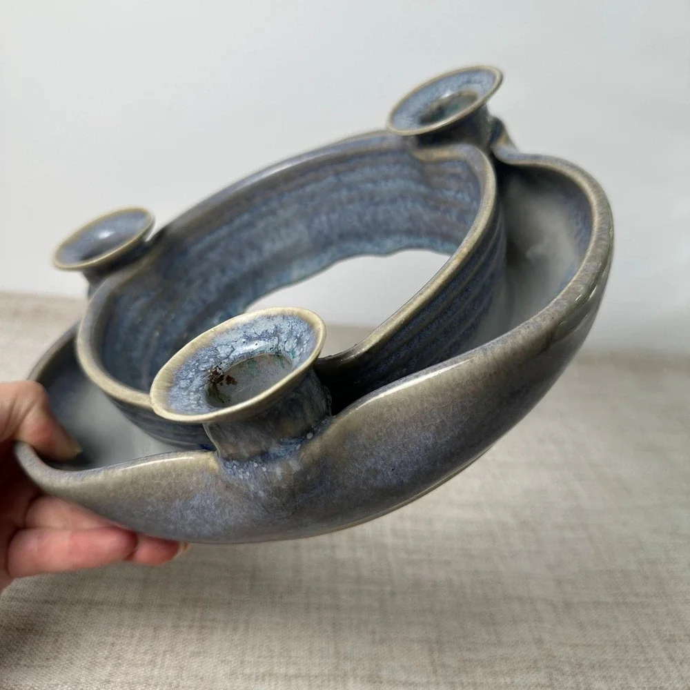 Signed Studio Pottery Triple Candle Holder Blue Gray Glazed Stoneware Pottery